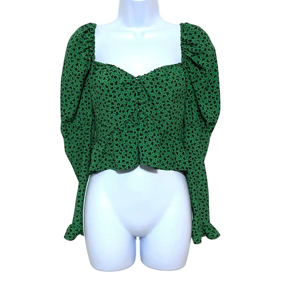 Topshop Black Heart Print Green Cropped Tea Blouse Womens 4 Ruffles Coquette Y2K